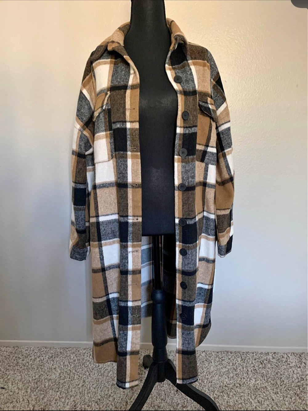 Plaid Long Shacket Coatigan - Camel & Black